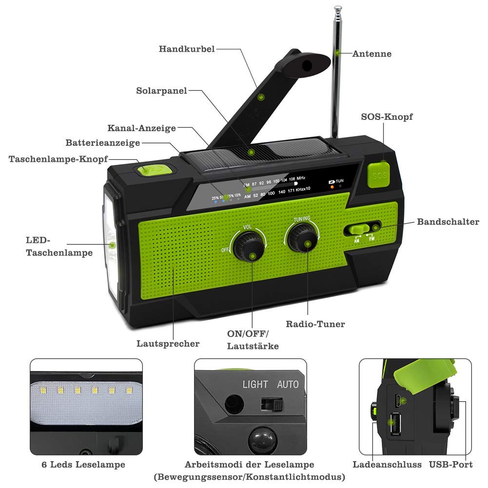 Nigecue - Radio Solar portátil con Dinamo y Radio Am/FM, batería Recargable incorporada de 4000 mAh, Linterna LED 4 Modos, lámpara Lectura Sensor Movimiento, Alarma Emergencia para Exteriores