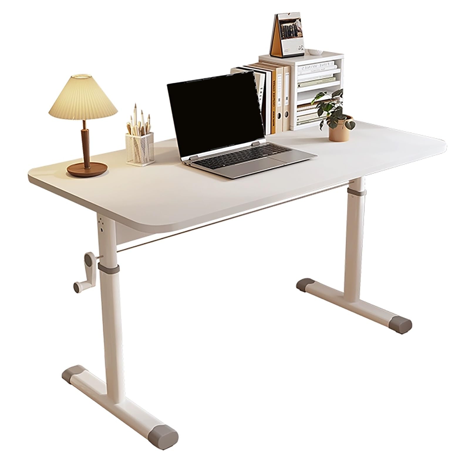 MYUYEE Manual Standing Desk, Adjustable Height Desk, Ergonomic Sit Stand Up Desk, White Office Desk, Metal Frame, Computer Desk With Hand Crank (80X60Cm)