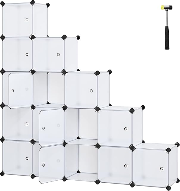 SONGMICS 15-Cube DIY Storage Organiser Unit, Plastic Closet Cabinet, Wardrobe, with Doors, for Clothes Shoes Toys Books, Easy to Assemble, White LPC44BS
