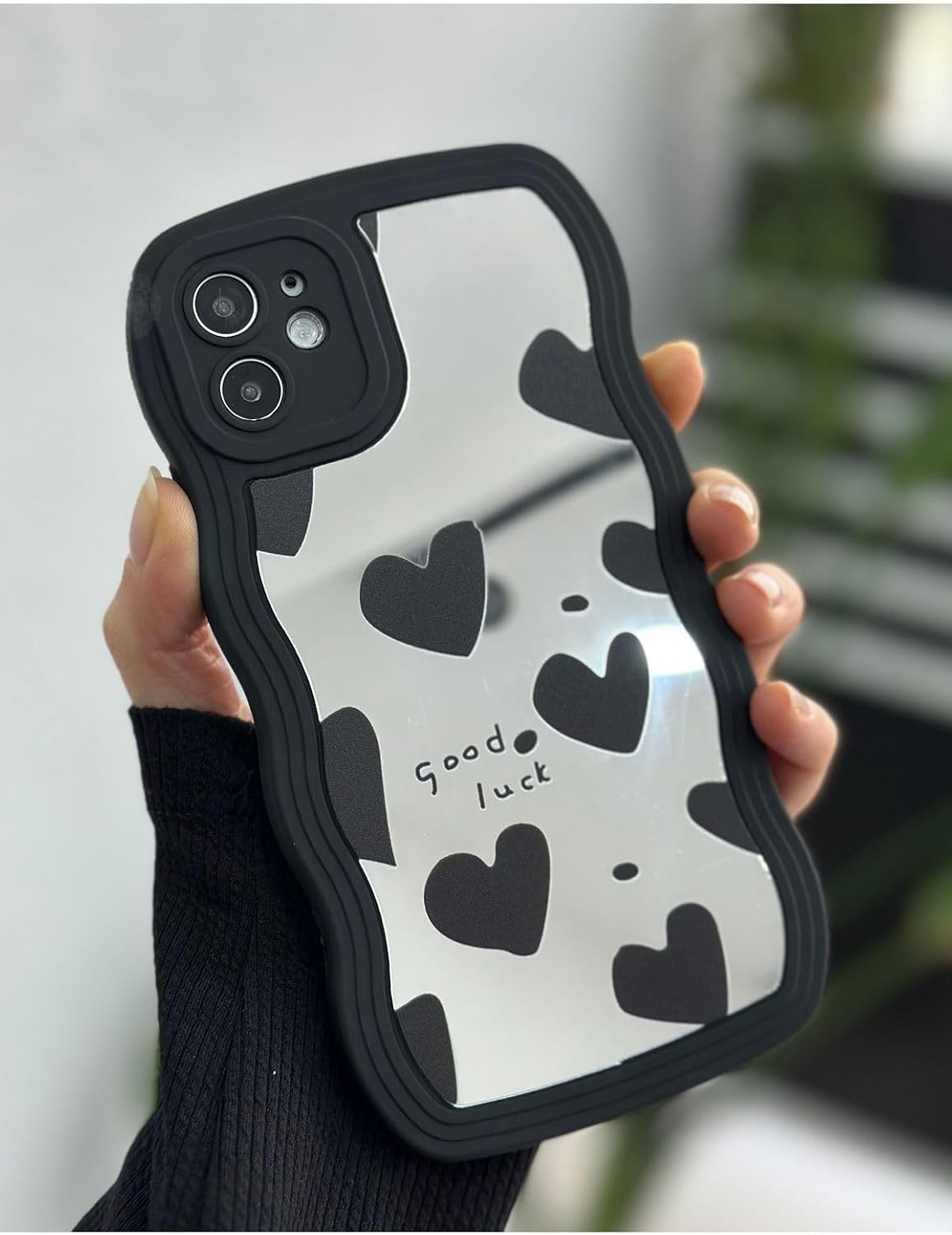 Mirrored Black Heart Design Wavy Edge Anti Impact Silicone Case Compatible with Go Accessory iPhone 11