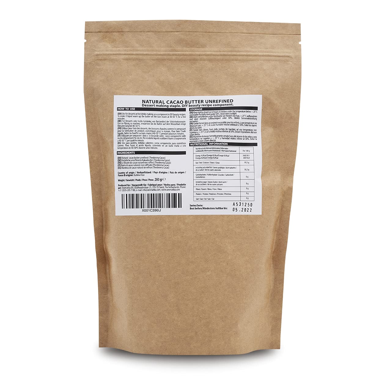Kakaobutter - 250g - Theobroma Cacao - Roh Cacaobutter - Kakao Butter in Stücken - Kaltgepresst - Unraffiniert - Rein und Natürlich - für Speisen und Hautpflege - Cacao Butter