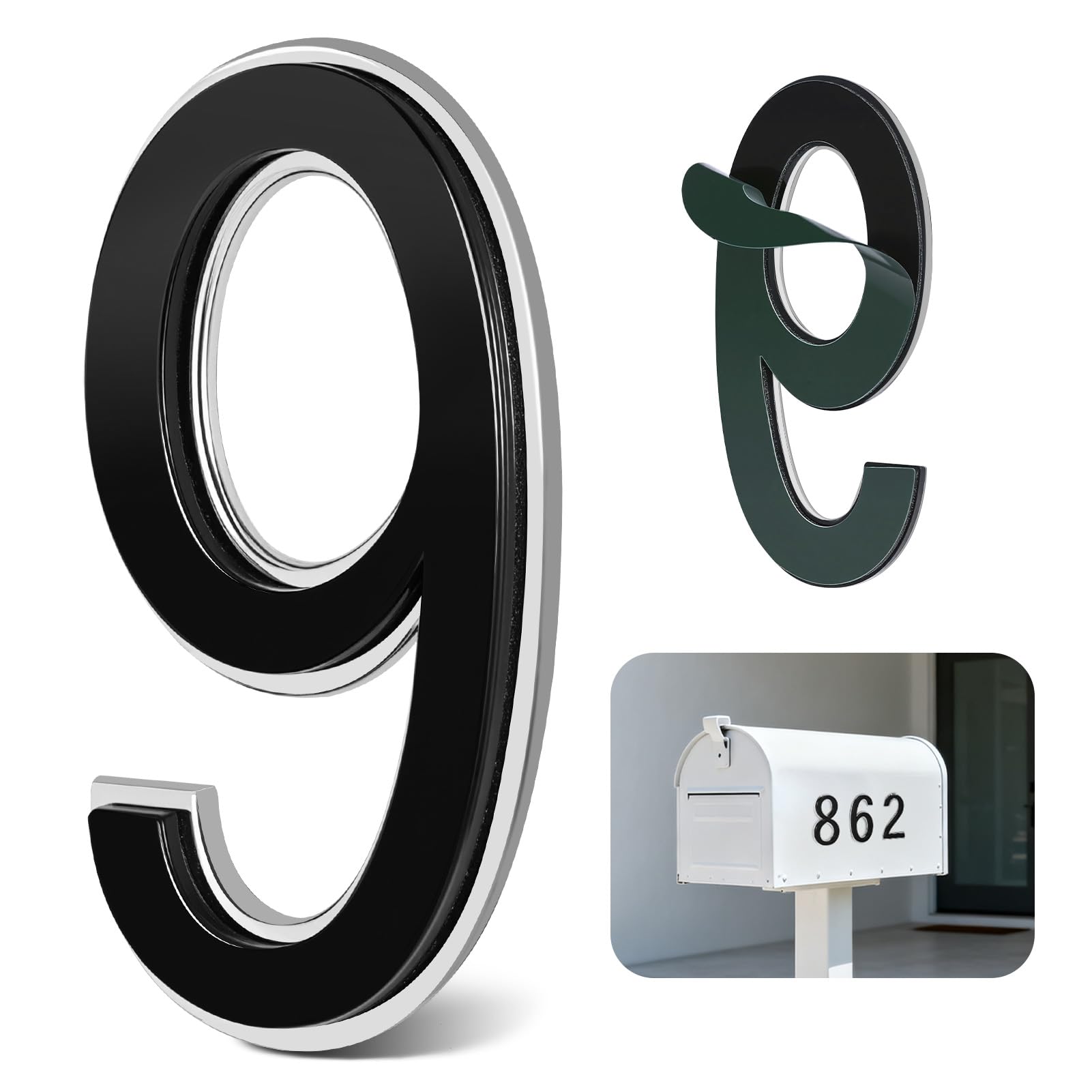 4 Inch Black House Numbers for Outside, VONDERSO Self-Adhesive Mailbox Numbers with Exclusive Electroplated Finish and Durable ABS Base, for House Plaques, Mailbox, Yard, Garage – Plaque Number ‘9’