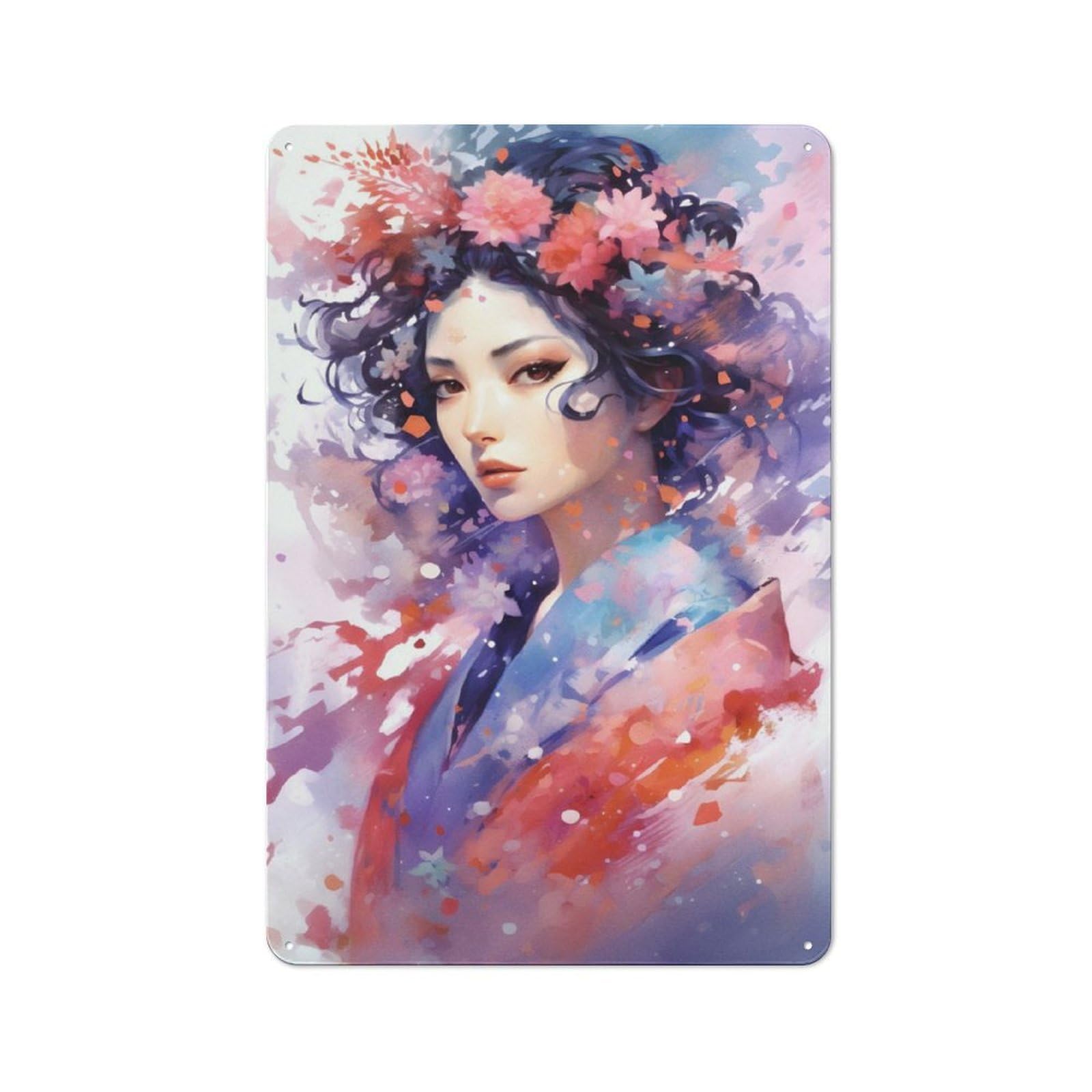 Junmoney Geisha Flowers Decorative Metal Plaque, Clean Printed Wall Decor For Winter Home Decor, Festive Wall And Holiday Party Room, 30X20cm