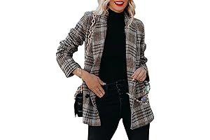 Women's Casual Woolen Plaid Blazer with Lapel and Long Sleeves