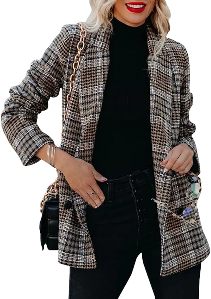 Taodou Women's Casual Blazers Woolen Plaid Blazer Lapel Long Sleeve Button Pocket Jackets Coat