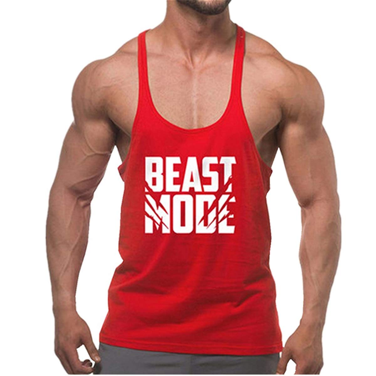 Cabeen Men's Beast Mode Muscle Gym Bodybuilding Tank Tops Stringer Workout Train Wear Black/Red