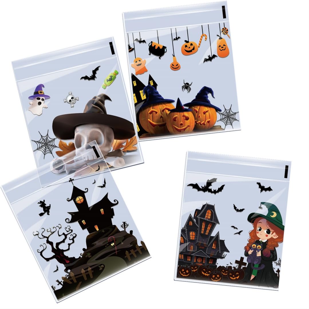 WBLDBB ハロウィン ラッピング 袋 キャンディーバッグ 200枚入り 10*10+3CM 自己接着 使いやすい 可愛い ハロウィーン ハロウィン雰囲気 半透明 ギフトバッグ お菓子小分け 飴入れ 小物入れ 自粘着バッグ 小分け袋 ビニール袋 4 種類混ぜ合わせパック (髑髏頭)