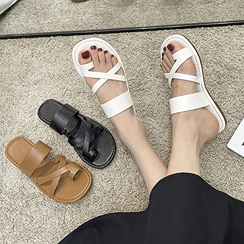 Slippers Women Fashion Summer Slippers Women Solid Leather Cross Strap Ring Toe Flat Heel Rubber Sole Casual Leisure Shoes Ladies Female3