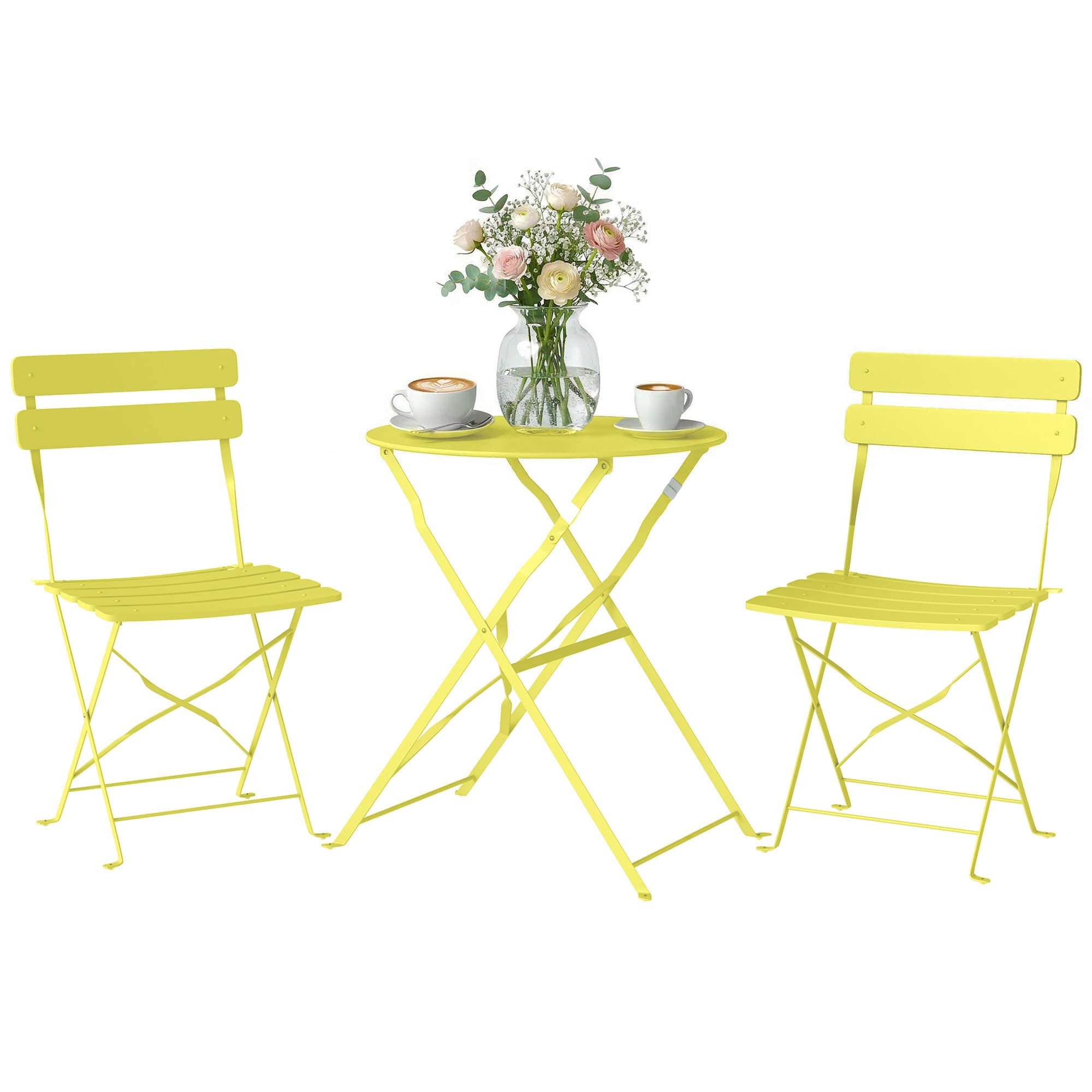 Outsunny Ensemble Bistrot de Jardin 3 Pièces san Montage - Table et 2 Chaises Pliantes à Lattes en Métal avec Double Protection Antirouille - Mobilier de Balcon et Terrasse Chic, Jaune