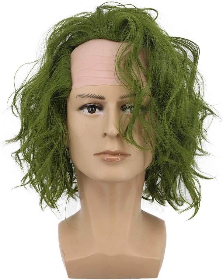 Adult Men Bald Short Curly Dark Green Wig Halloween Cosplay Anime Costume Wig