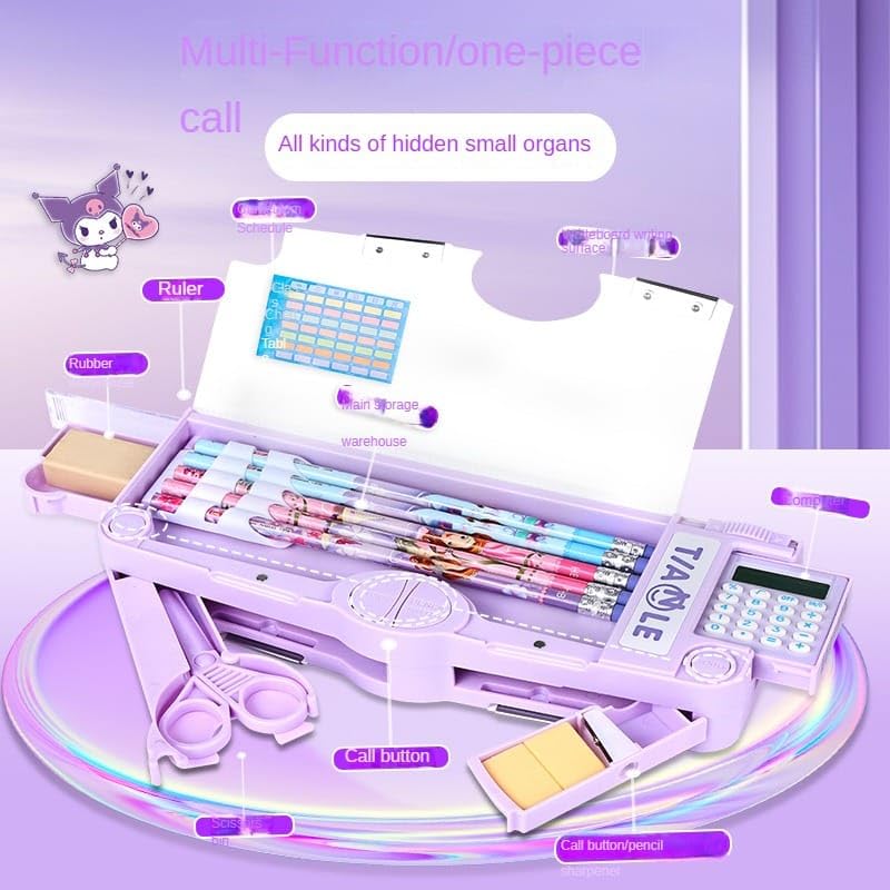 Image of Multifunctional School Pencil Box with Calculator Cute Cartoon Stationary Compass for Boys Geometry Kids with Inbuilt Scissor Ruler Eraser&Sharpener Box Best Gift (Pink Unicorn-Calculator)