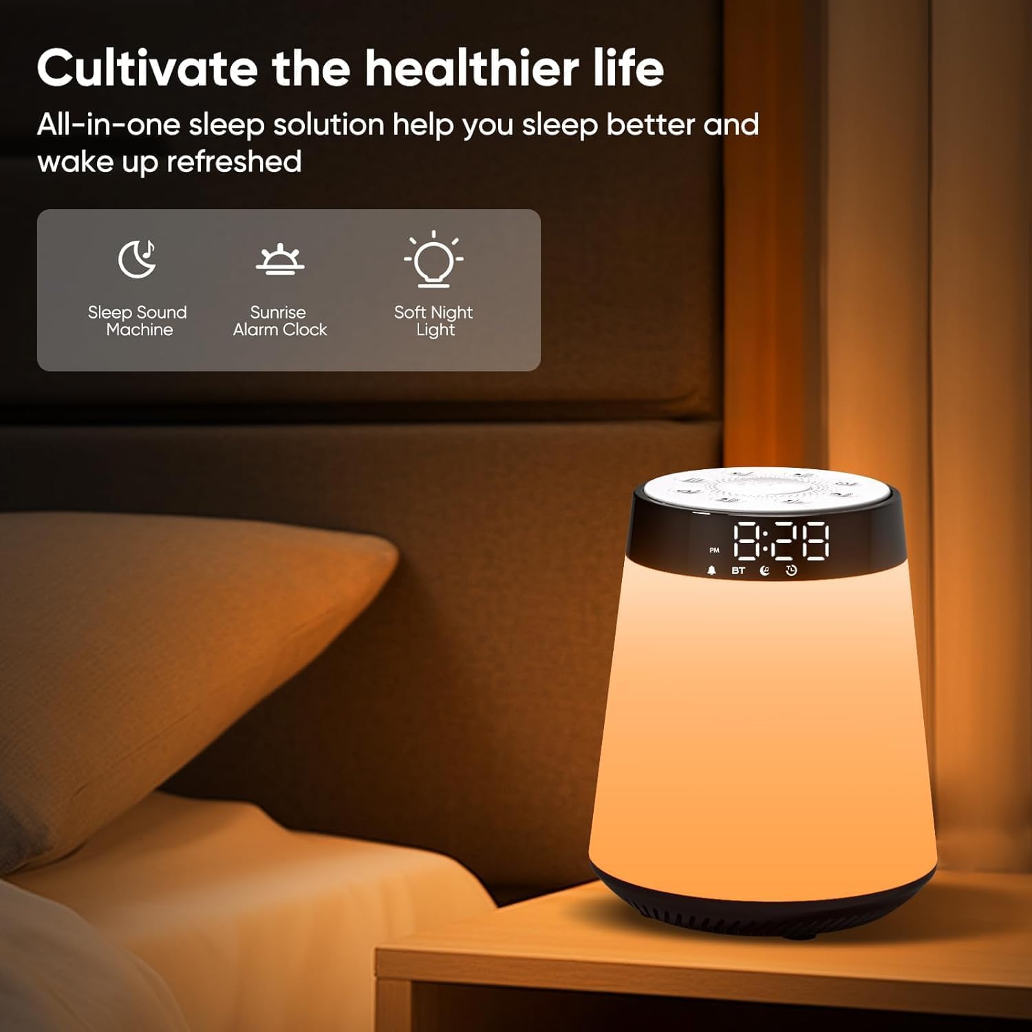 Réveil Lumière Bluetooth, Reveil Simulateur d'aube, Eveil Matin Lumineux Lampe de Chevet Multicolore, Snooze, 30 Sons pour l'Aide au Sommeil Machine Sonore avec Veilleuse, Cadeaux Pour Garçon Fille