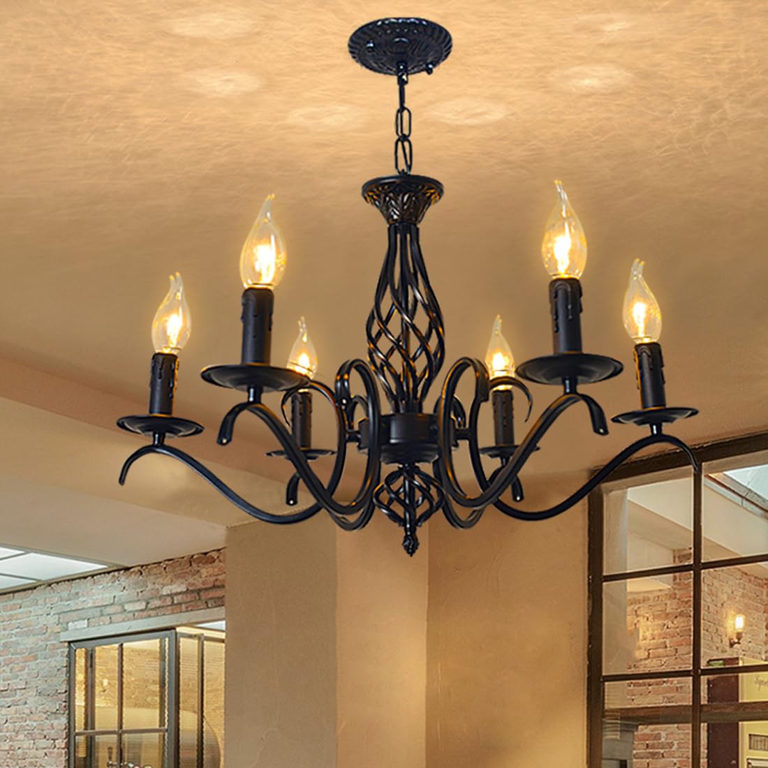 Klassisch Antik Pendelleuchte Kronleuchter LED Vintage Kerze Esszimmer Lampe Schwarz Metall Eisen Wohnzimmer Hängelampe 6-flammig Retro Rustikal E14 Deckenbeleuchtung Büro Küche Höhenverstellbar D60cm