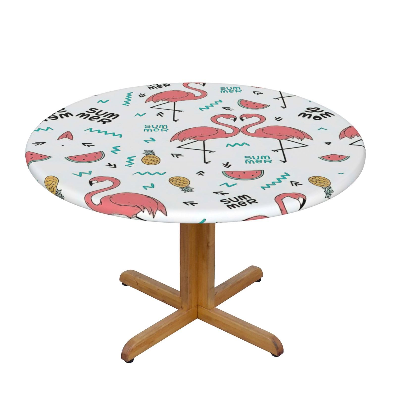 DUWAA Pink Flamingo. Print Oxford Fitted Table Cover For Patio Picnic, Waterproof Round Tablecloth For Home And Outdoor