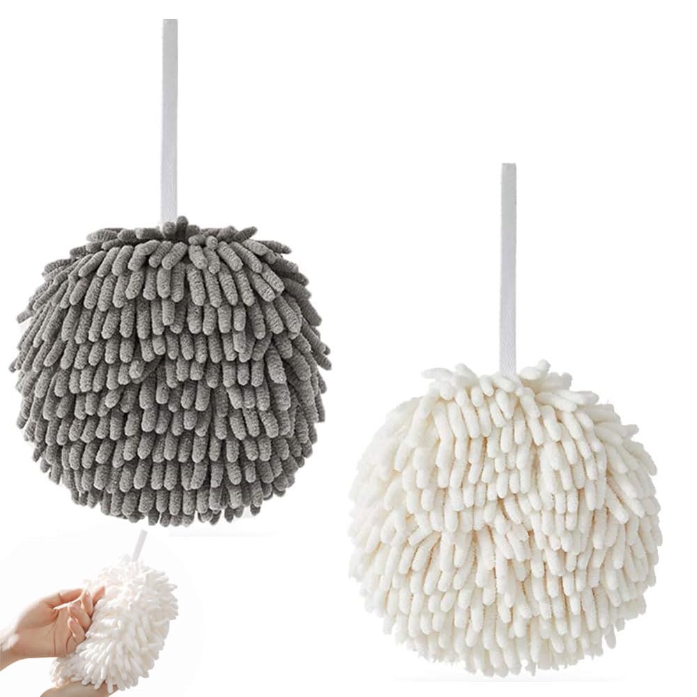 2 Pack Chenille Hand Towels, Soft Absorbent Microfiber Hanging Towel Balls for Bathroom Kitchen with Hanging Loops, Quick Drying Decorative Hand Bath Towels 17cm