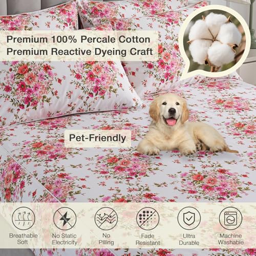 Image of Shabby Floral Chic Bed Sheets Queen Size 100% Cotton 4Pcs Set, Vintage Pink Red Flower Patterned Deep Pocket Fitted Sheet Set, Soft Percale White Boho Bedsheets, Cute Garden Bedding