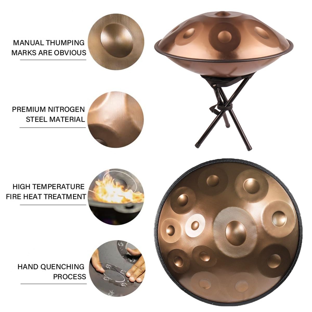 Handpan 9/10/12 Note Tamburo a Linguetta 432Hz 440 Hz, Strumento a Percussione Tonalità Re Minore, Tamburo in Acciaio per Meditazione, Yoga, Guarigione Sonora(Gold and silver,10 Notes/440Hz)