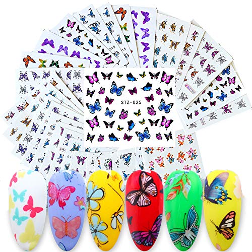 30 Sheets Butterfly Nail Art Stickers Nail Water Transfer Decals Butterfly Flower Pattern Nail Art DIY Decals for Women Girls Fingernails Toenails Decor Manicure Tips Decorations Accessories