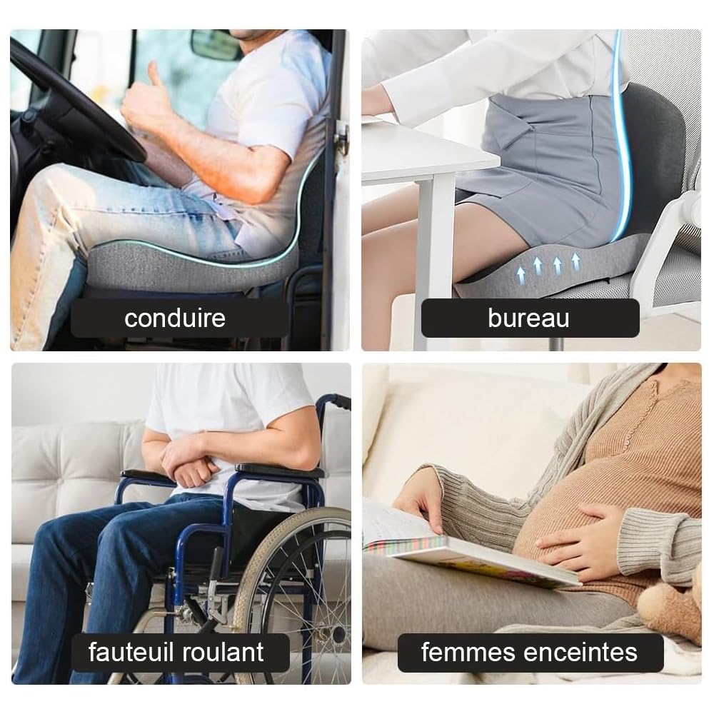 Coussin ergonomique en mousse mémoire pour siège, soutien sciatique et coccyx