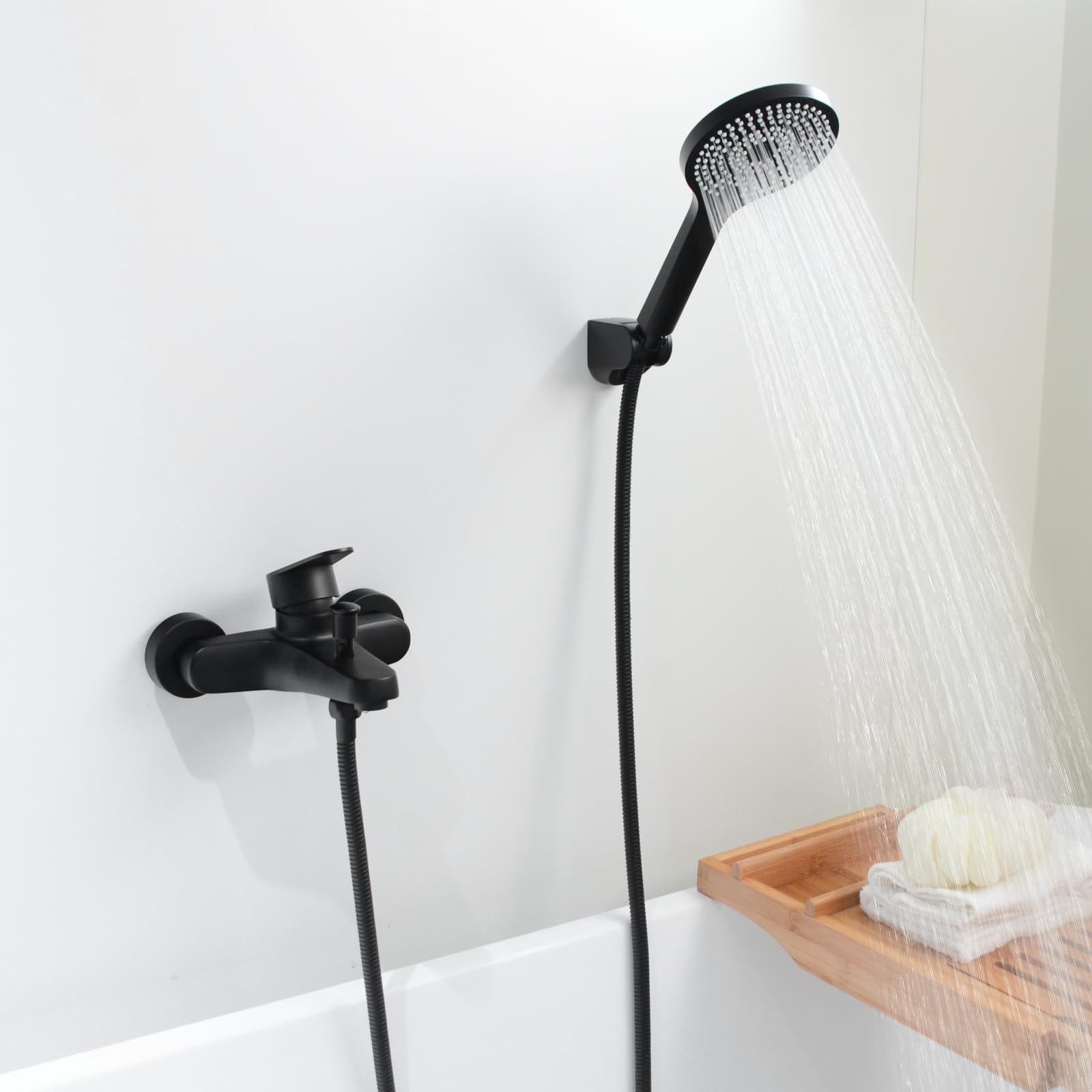 Grifo de Bañera, Grifo de Ducha con Alcachofa, Monomando Mezclador Ducha Montado en La Pared, Negro, N-2Y3OK