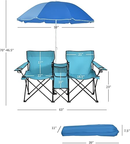 Miniatura 3 de Goplus Silla de campamento doble con paraguas, sillas plegables de dos plazas con toldo, bolsa de transporte, mesa, soporte para tazas, sillas de
