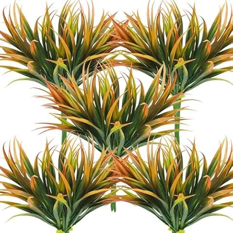 Phliofd 32 Pcs Artificial Grass Fake Plants 17.3in Outdoor Plastic Plants UV Resistant Greenery Fake Grass for Home Window Garden Office Patio Hanging Planter Pathway Front Porch Décor Orange Yellow Cover