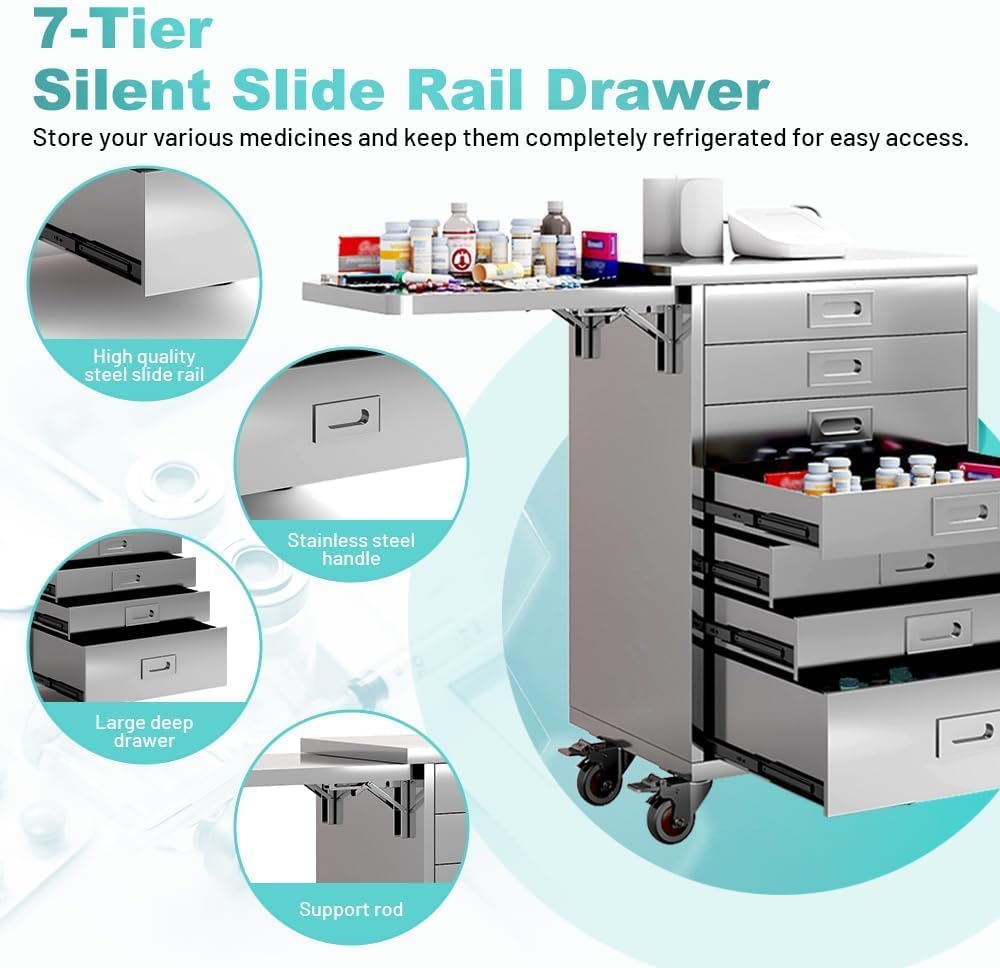 Yeeoy Medical Dental Assistant's Mobile Cabinet, 7 Drawers Alabama Cart, Medical Storage Cabinet, Professional Utility Cart with Side Shelf for Hospital Clinic Lab Office