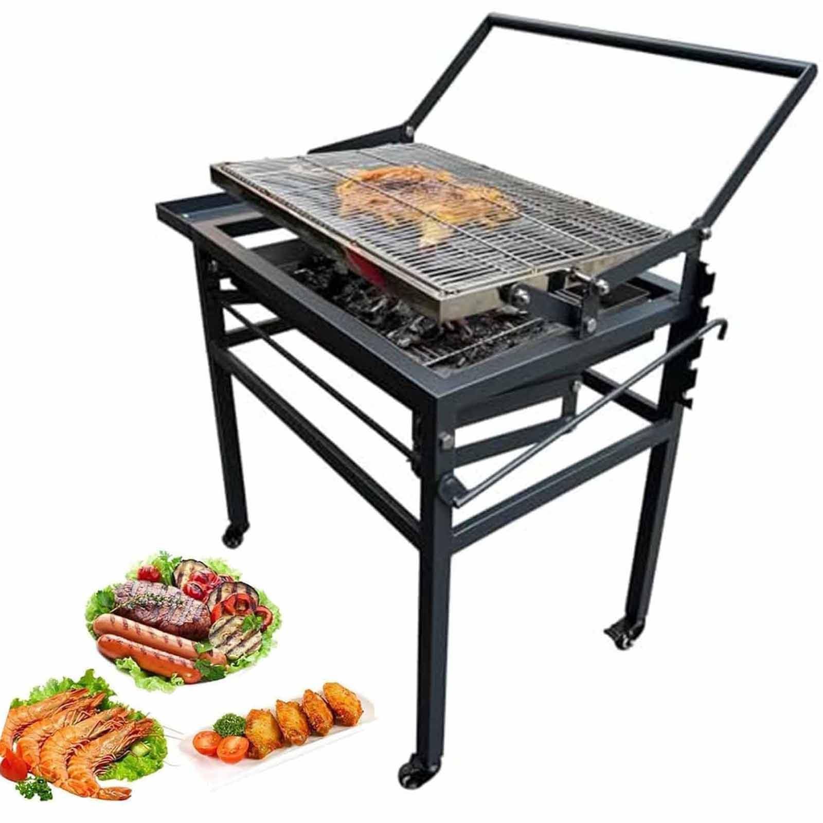 Grill węglowy z wózkiem, wytrzymały kwadratowy grill zewnętrzny, wyjmowany, obrotowy ruszt do gotowania o 360 stopni, stojący grill do gotowania z kółkami do biwakowania