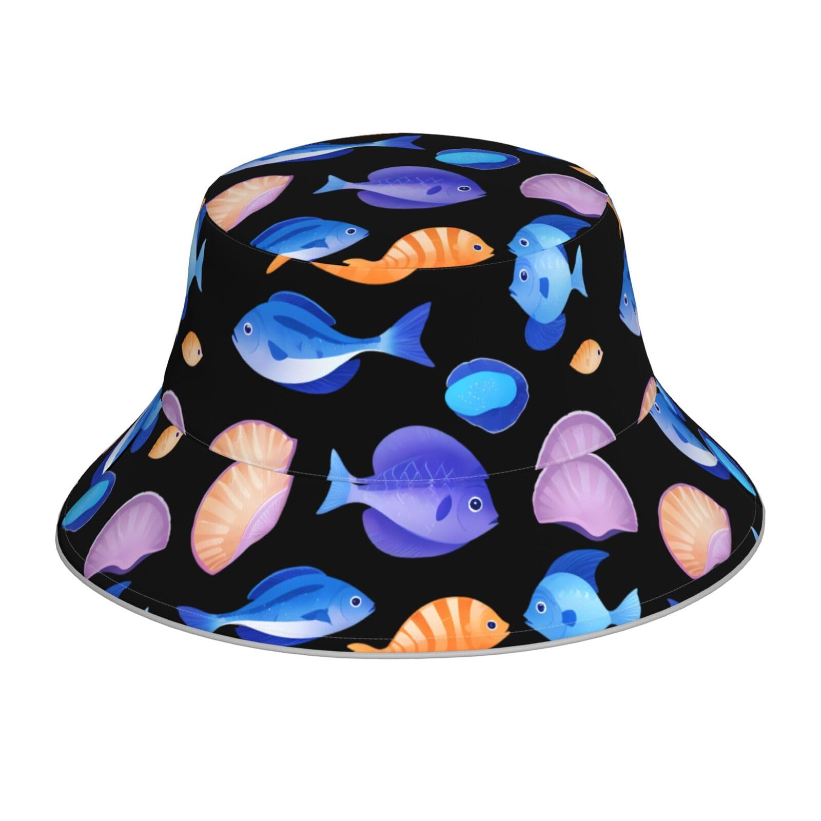 Whjshop Unisex Black Purple Shells And Blue Fish Pattern Reflective Bucket Hat For Men And Women - For Travel, Camping, And Outdoor Activities