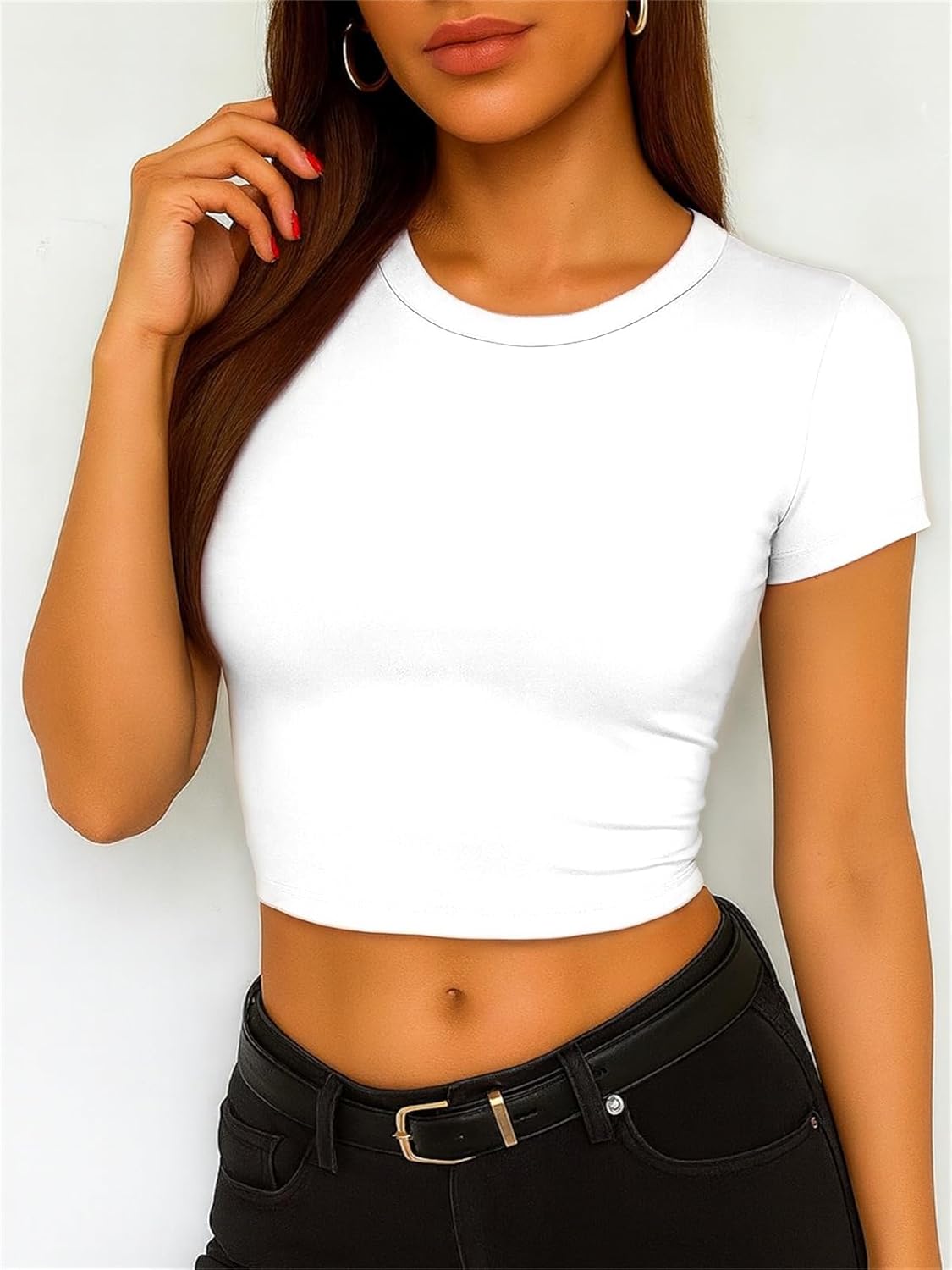 ForeFair Women's Casual Going Out Crop Tops Crew Neck Slim Fit Short Sleeve Basic Tight T Shirts - Image 2