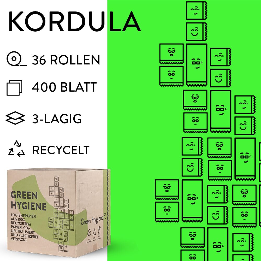Papel higiénico Kordula 90639, sin plástico, 100% reciclado, 3 capas, color blanco brillante, 36 rollos de 400 hojas