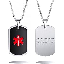 VIBOOS Medical Alert Dog Tag Pendant Necklace Custom Engraved Name Date ID Stainless Steel - Bundle with 4 Items Emergency Card, Sleeve, 22 Inches Chain, 2 Inches Extension Chain