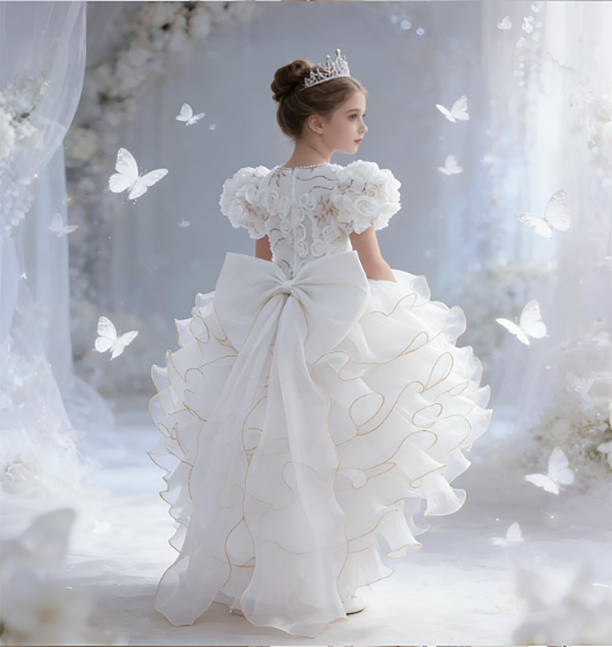 OTMYIGO Prinzessinnenkleid für Mädchen, 3D-Blumenrüschen-Tüll-Tutu-Kleid für Blumenmädchen Geburtstags Hochzeits- und Ballkleid