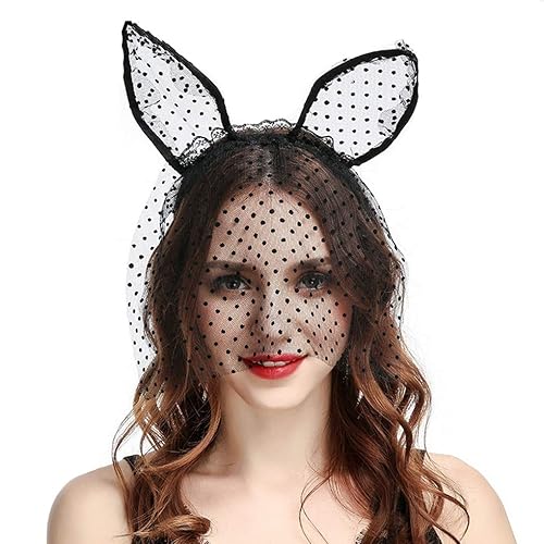 Diadema sexy con orejas de gato para mujer, con velo de cara negra, disfraz de Halloween, banda para el pelo, diadema gótica para el día de los