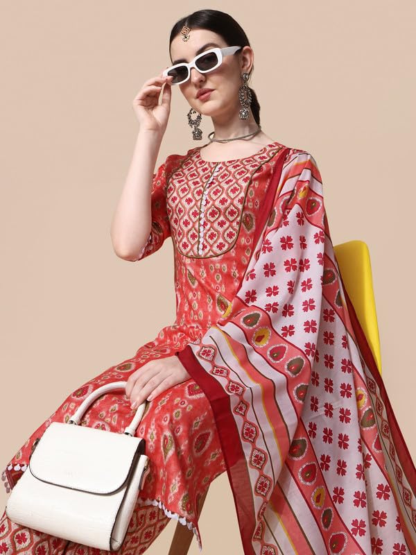 Image of NAINVISH Cotton Blend Kurti Pant & Dupatta | Orange Kurta Set for Women | Women Kurta Pant Dupatta Set | Kurta Pant with Dupatta Set | Printed Kurta Pant Dupatta Set