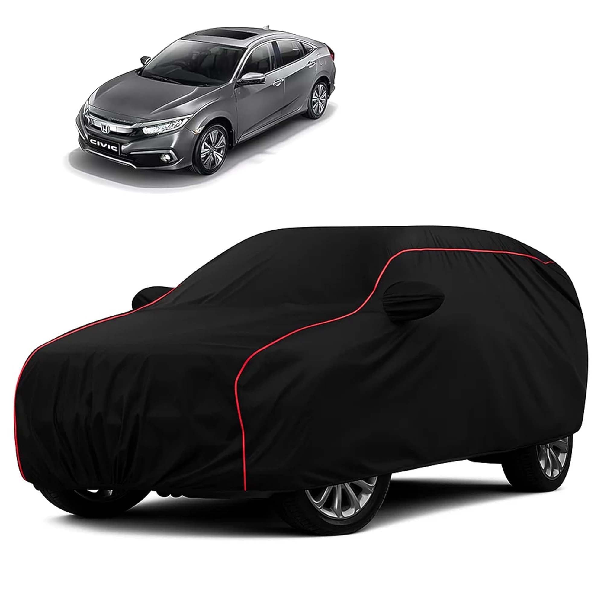 Sulfar 100% Water Resistant Car Body Cover Compatible with Mirror for Honda Civic (Triple Stitched, Full Bottom Elastic, Black with Red Piping)