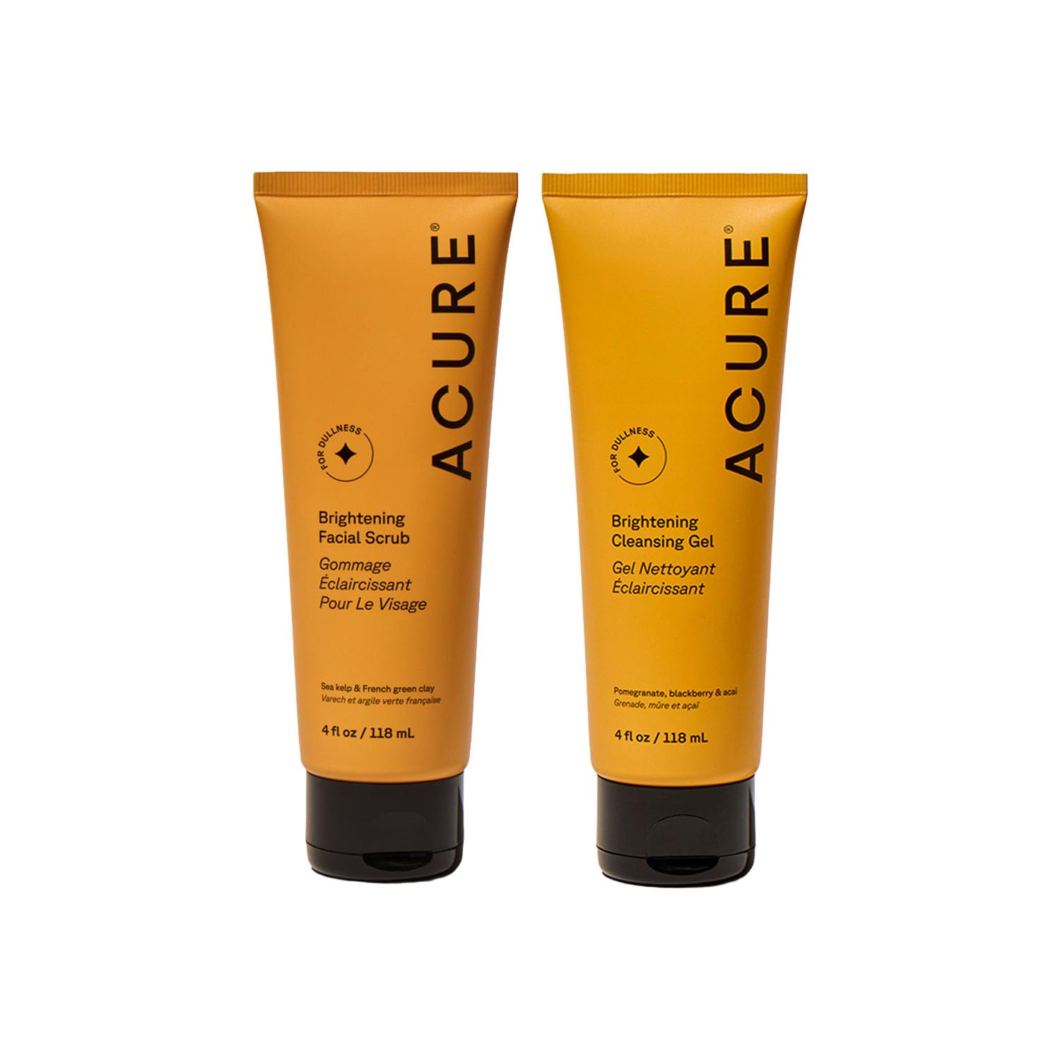 Acure Brightening Facial Scrub & Cleansing Gel Combo Pack - Exfoliating Face Wash & Gentle Daily Facial Cleanser for Radiant Skin with Sea Kelp, Pomegranate & Acai, 100% Vegan - 4 fl oz (2 Pack)