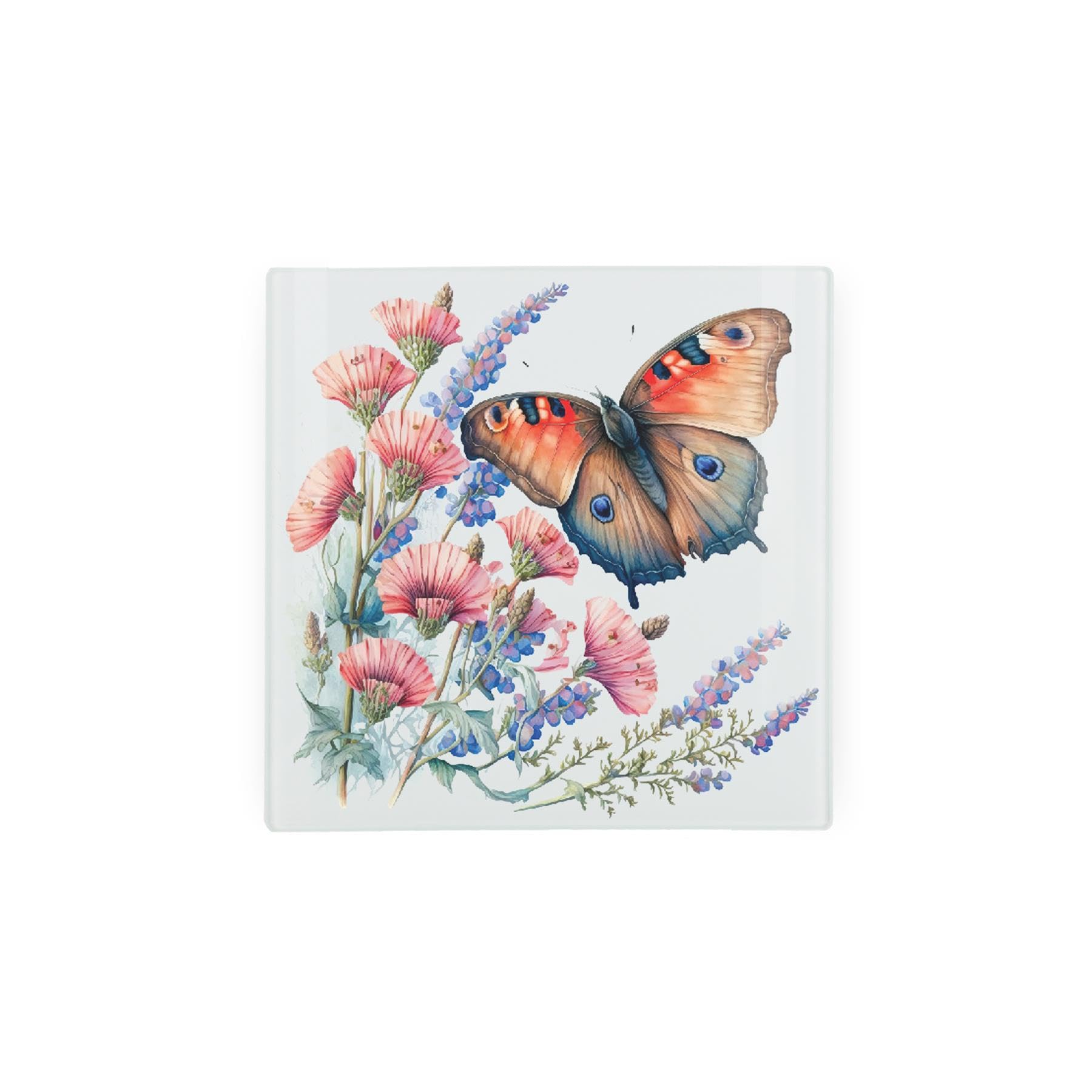 Butterfly Hot Pot Stand Trivet - Mini Square Glass Worktop Saver - Floral Painted Butterfly - Hot Pan Holder Kitchen Chopping/Cutting Board Worktop Protector with Non-Slip Feet 20cm x 20cm (8" x 8")