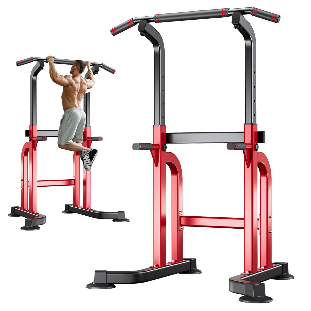 Power Tower Dip Station Multifunctional Pull Up Bar Station Adjustable Height Free Standing Dip Stand with Reinforced Support Rod Strength Training Fitness Exercise Workout Equipment Easy Installation