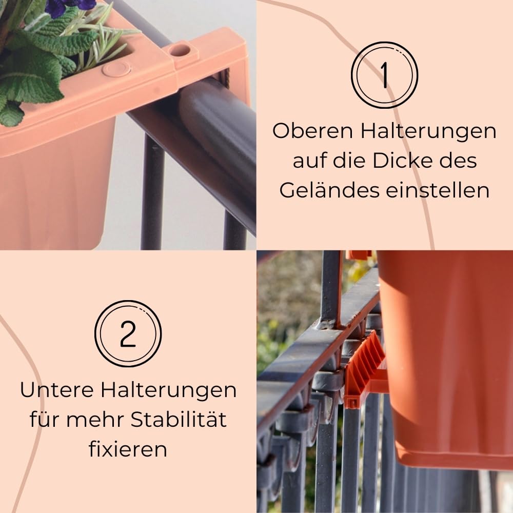 GarPet Blumenkasten Balkon Balkonkasten mit Halterung Pflanzkasten Balkonkasten mit Wasserspeicher Blumenkasten Balkongeländer Geländerkasten ohne Bohren Terracotta 80 cm