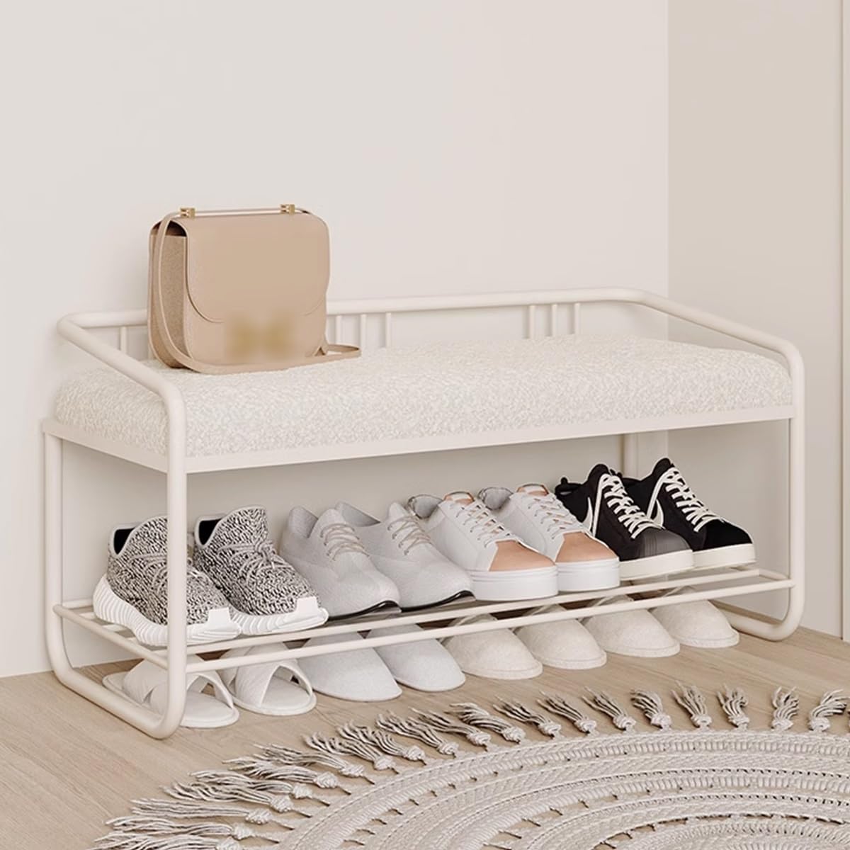 MSHGSKU 2-Tier Shoe Storage Bench with Padded Seat Cushion, Stable Shoe Organizer for Bedroom, Living Room, Entryway
