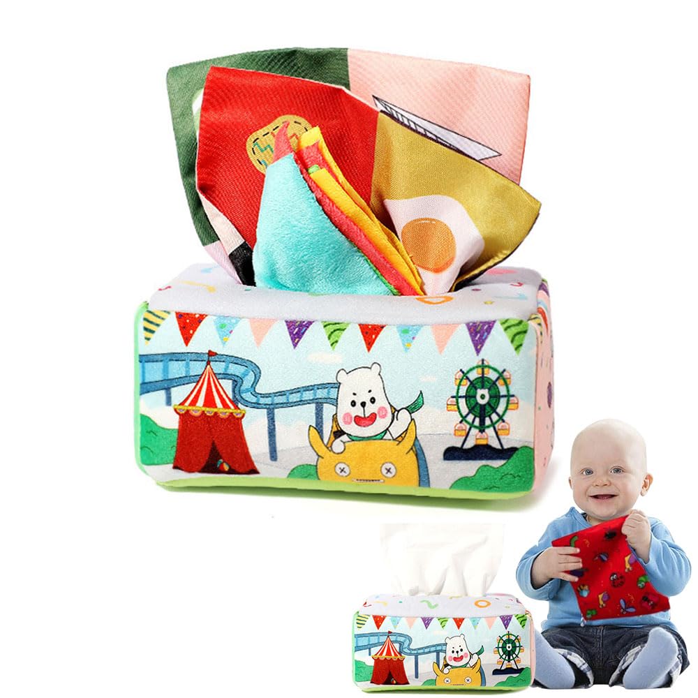 JZS Baby Tissue Box, Soft Stuffed High Contrast Crinkle Montessori Square Sensory Toys Juggling Rainbow Dance Scarves for Newborns and Kids Educational Preschool Learning