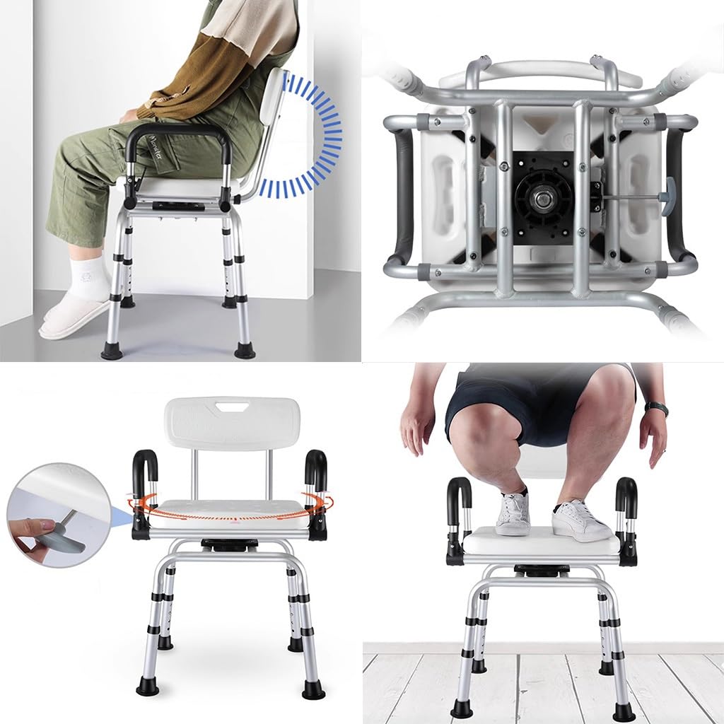 Silla de Ducha giratoria para Ducha Interior, Asiento portátil Giratorio con reposabrazos y Respaldo, Asiento de Ducha Giratorio de 360 Grados, con Asiento Acolchado y Altura Ajustable, para Personas