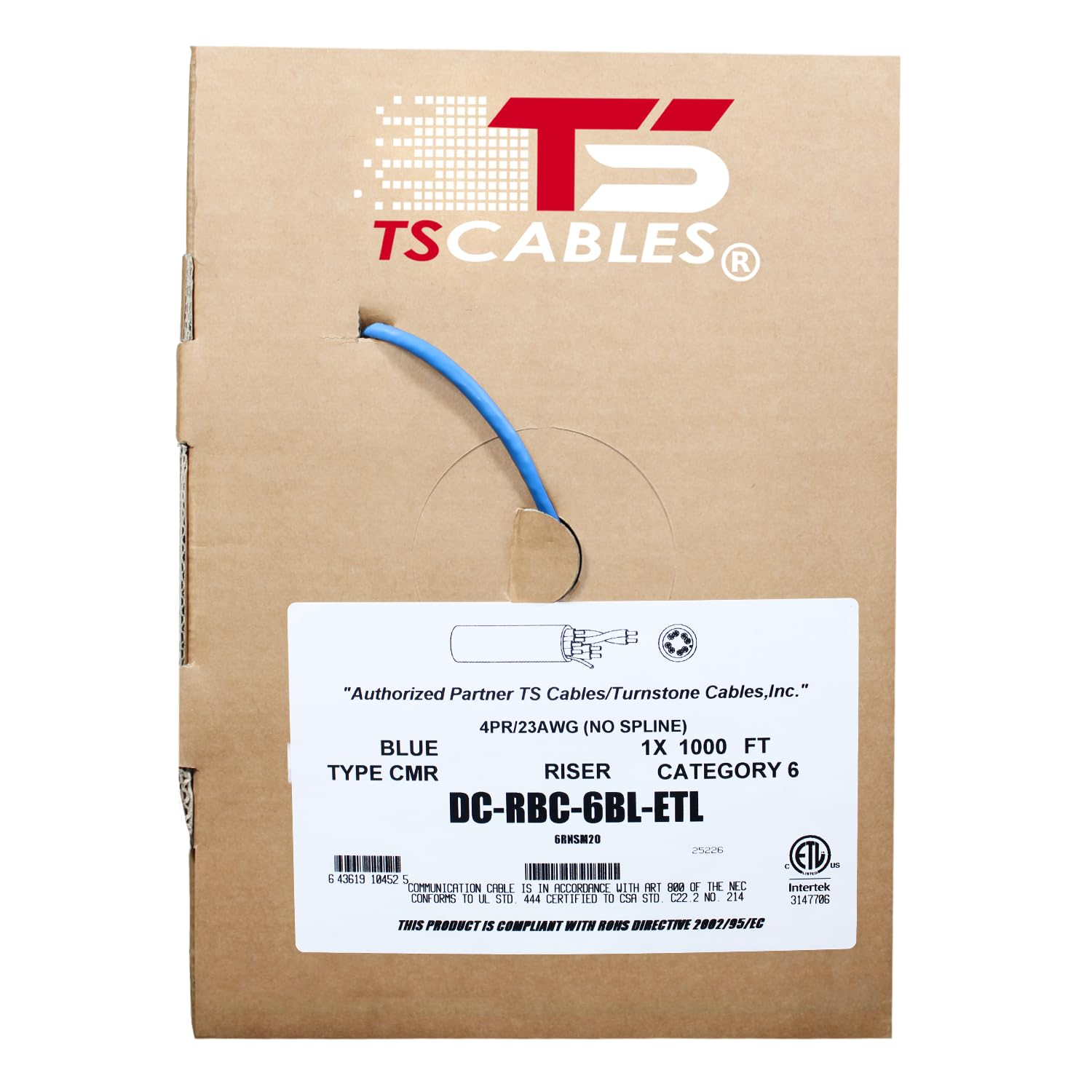 TSCables Cat6 Riser (CMR) Bulk Ethernet-Kabel, 23 AWG, massives blankes Kupfer, 550 MHz, PoE++ (4PPoE), Hochleistungs-Netzwerkkabel, ungeschirmtes Twisted Pair (UTP), Blau