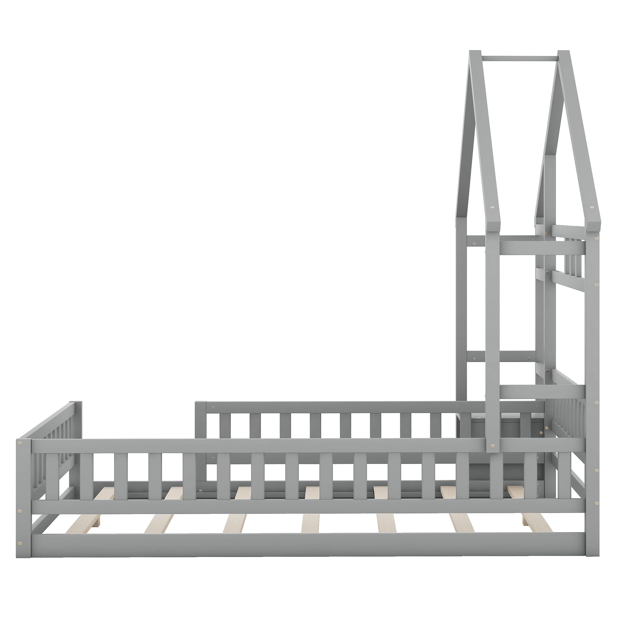 Dolamaní Bodenbett 140x200 cm Kinder mit Rausfallschutz -Montessori Kinderbett für Jungen & Mädchen, mit Nachttisch & Dekorative Haushalterung (Grau)