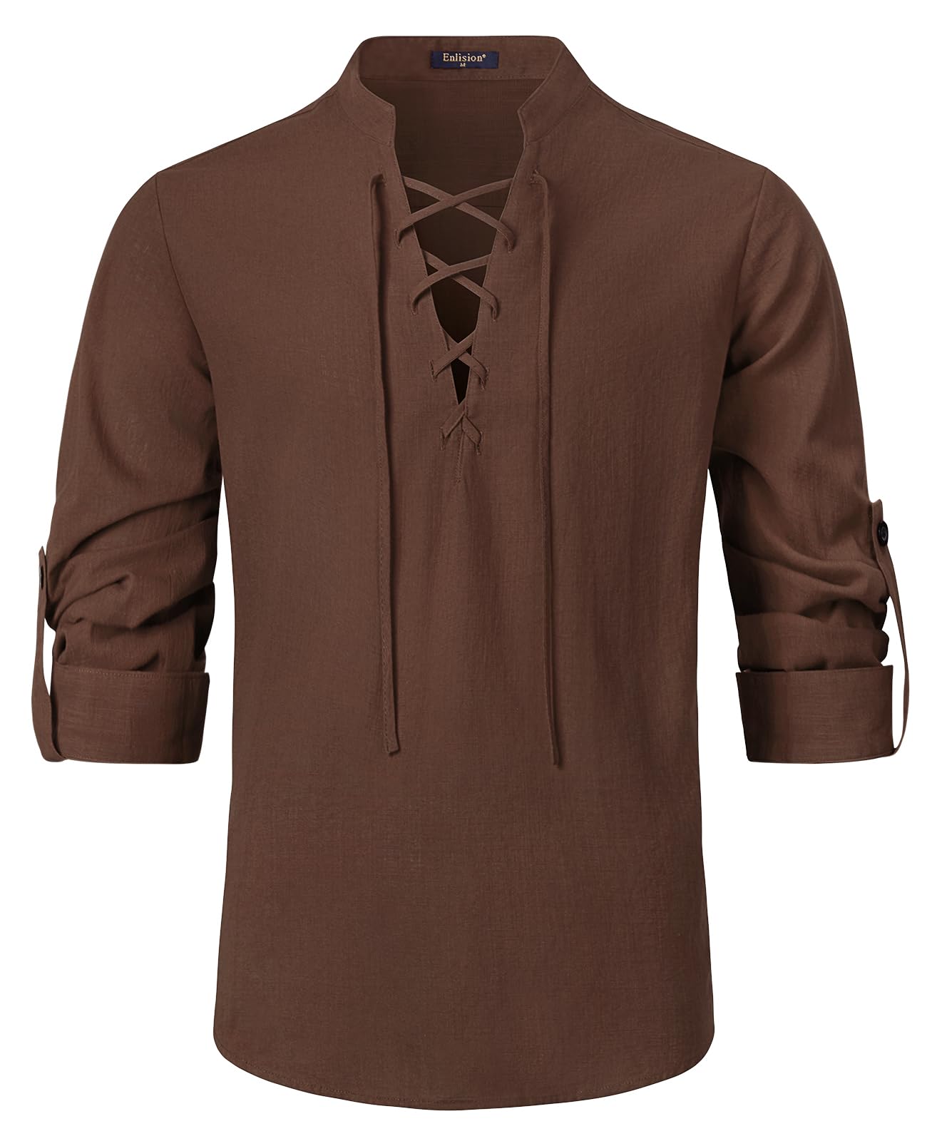 Heren katoenen vetersluiting Shirt Vintage Middeleeuws Kostuum Schotse Jacobiet Ghillie Kilt Piraten Shirts Tops, Kaki, S
