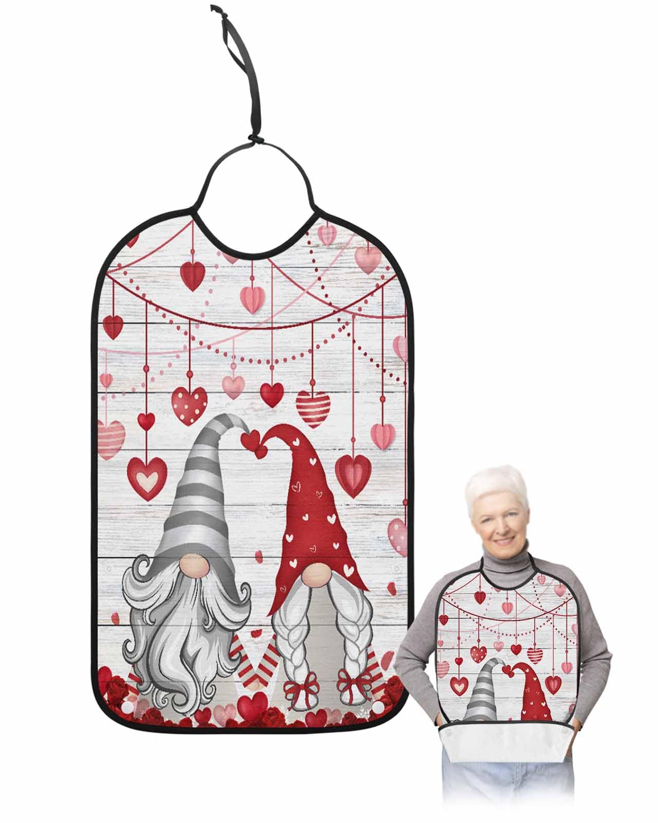 LEOKOTI Red Valentines Adult Bibs for Eating, Waterproof Bibs with Food Catcher & Adjustable Snap Closure, Red Grey Gnomes Love Heart Floral Washable Clothing Protectors Adult Bibs for Elderly