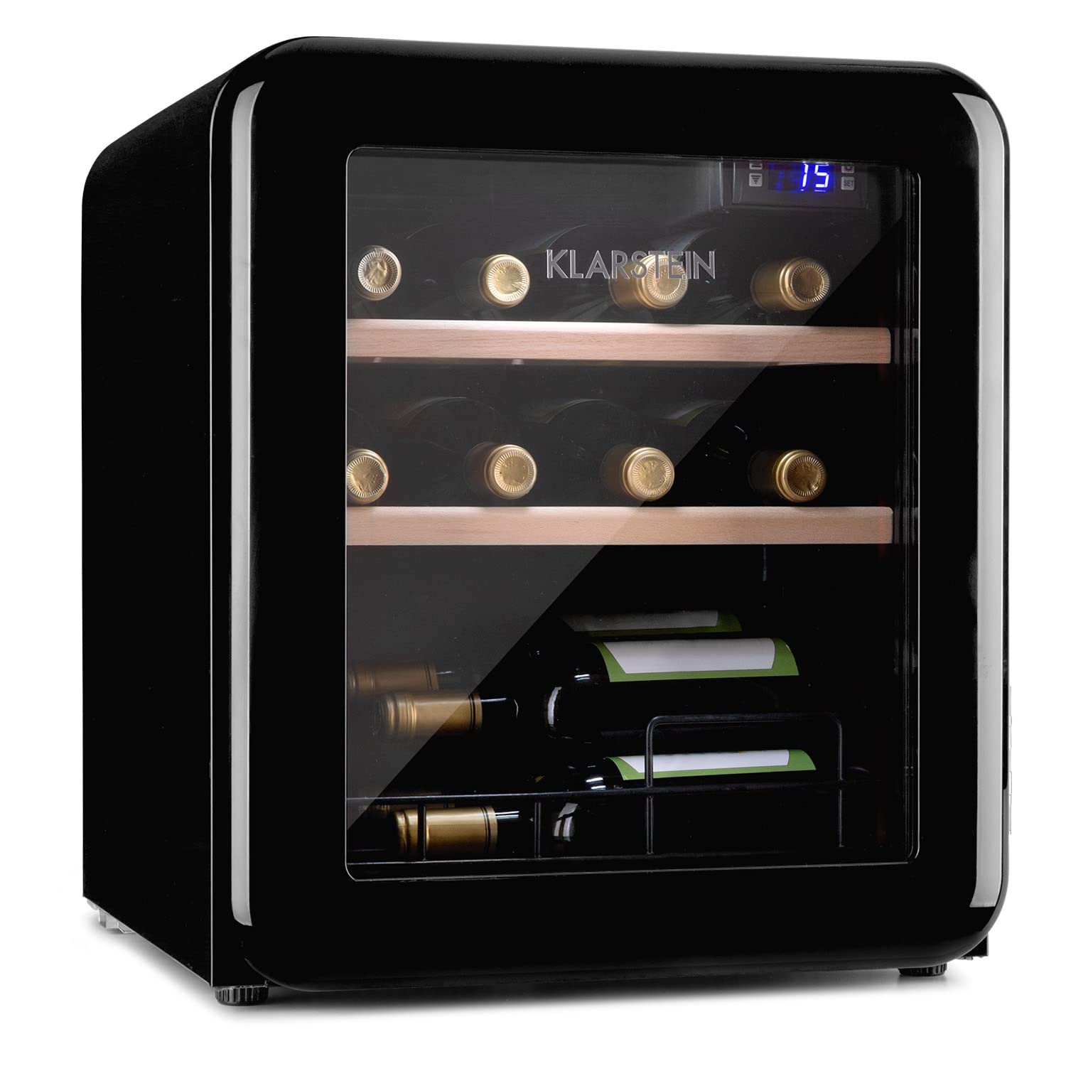 KLARSTEIN Vinoteca 12 Botellas, Nevera Vinos, Una Zona de Refrigeración, Nevera Expositora Vino y Cerveza, Vinoteca Interior y Exterior con Puerta de Cristal, Nevera Vino con Protección UV, 4-22°C
