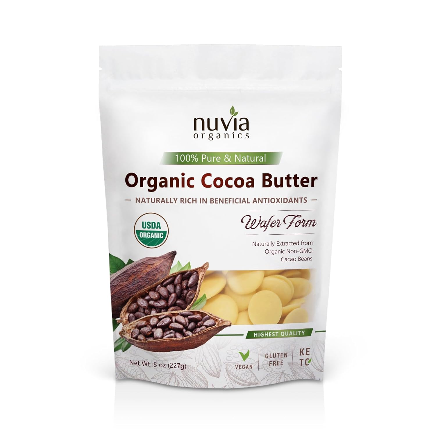 Nuvia Organics Cocoa Butter, USDA Certified; Gluten-Free, Keto, Vegan, Non-GMO; 8oz