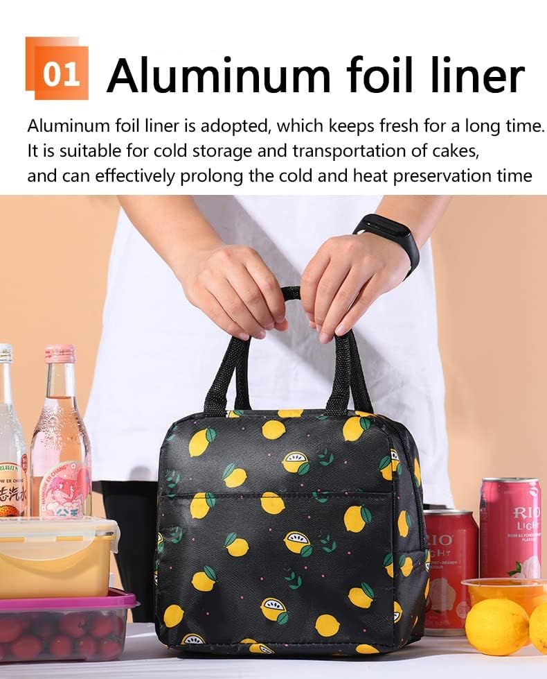 Image of Lunch Bags for Office Women & Men Insulated Fabric Carriage Bags for Lunch Portable Reusable Multipurpose Washable Printed Tiffin Bags Leak Proof Carry Bag Kids School -(Black Lemon)